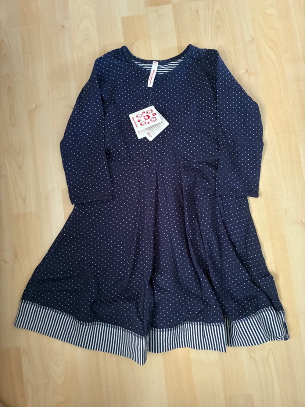Girls' Navy Polka Dot Long Sleeve Dress with Striped Hem Reversible
